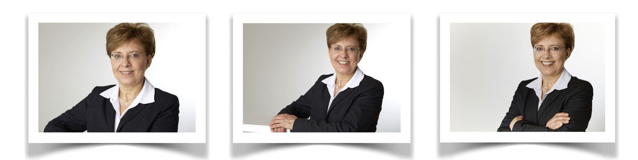 Business-Portrait-Serie einer Geschäftsfrau: mehrere Varianten eines Bewerbungsbildes mit unterschiedlichen Gesichtsausdrücken und Kopfhaltungen, aufgenommen im Fotostudio