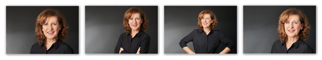 Fotostreifen 1: verschiedene Portraits einer Frau für Bewerbungsunterlagen, freundliche bis neutrale Ausdrücke