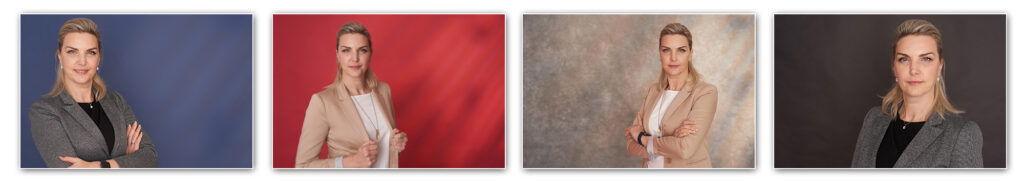 Fotostreifen 12: Business-Fotoshooting einer weiblichen Führungskraft mit Varianten, klassisches Bewerbungsbild bis modernes Portrait.