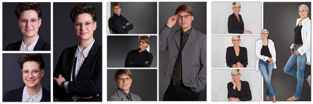Fotostreifen 13: Unterschiedliche Bewerbungsbilder von Männern und Frauen im Studio, Auswahl an Posen und Ausdrücken.