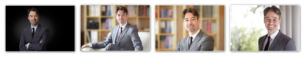 Fotostreifen 6: Portraitserie eines Geschäftsmannes mit mehreren Gesichtsausdrücken, unterschiedlicher Business-Kleidung, Lichtführung und Umgebungen