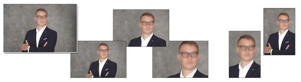 Vergleich unterschiedlicher Bildausschnitte: Nahaufnahme, Halbportrait und klassisches Bewerbungsfoto. Zeigt Varianten für Lebenslauf, LinkedIn und Bewerbungsschreiben.